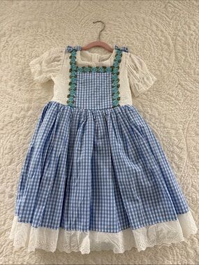 Blue Gingham Girls' Theatrical Costume Dress with White Lace